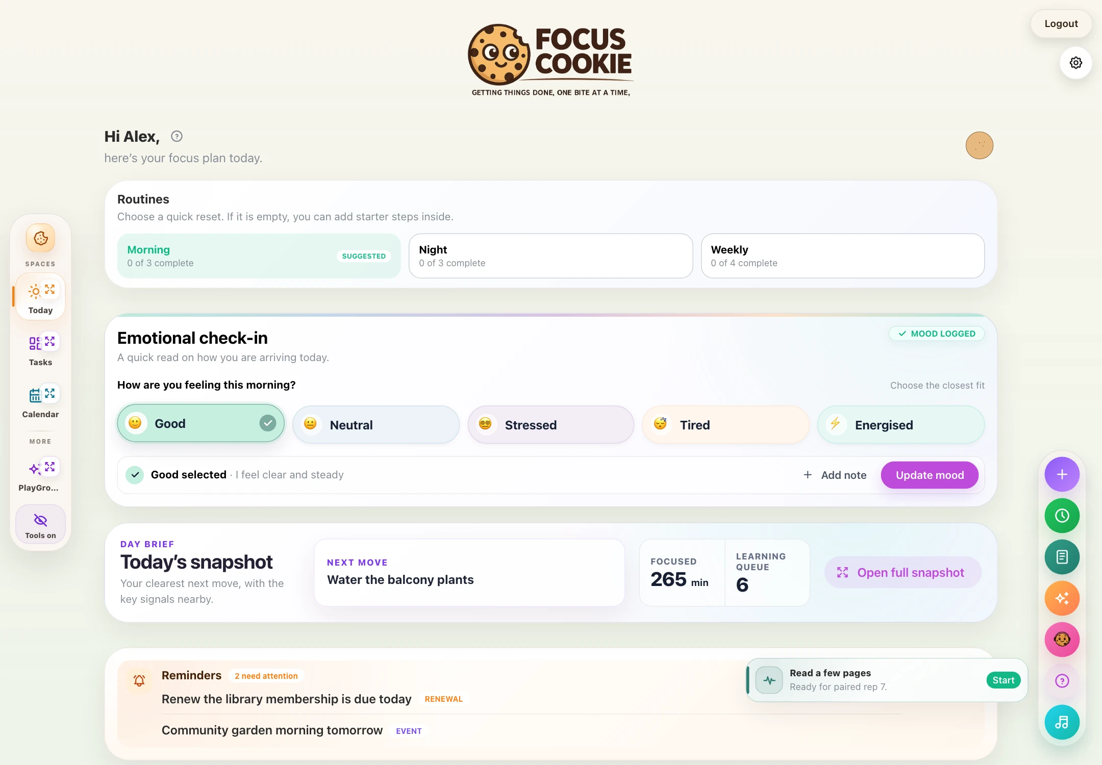 Focus Cookie Today page with reminders, notes, routines and an emotional check-in.